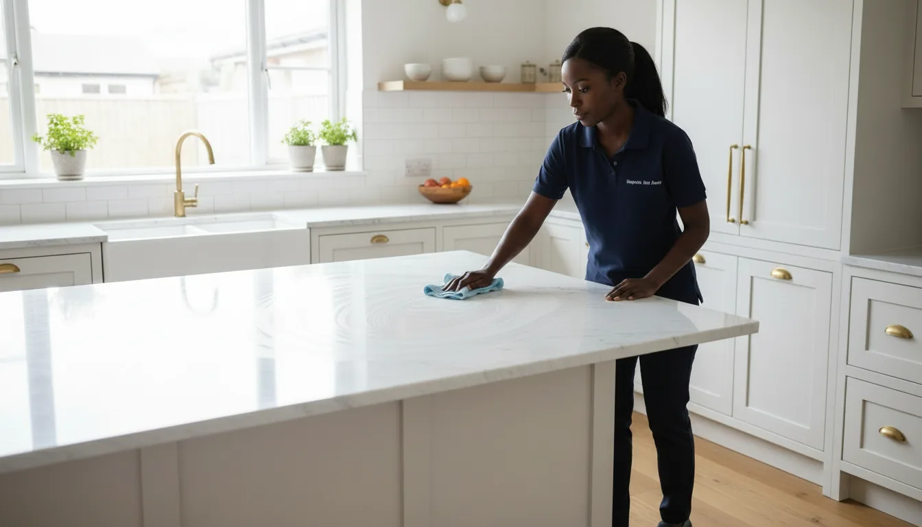 Cleaner wiping a marble kitchen island in a modern home