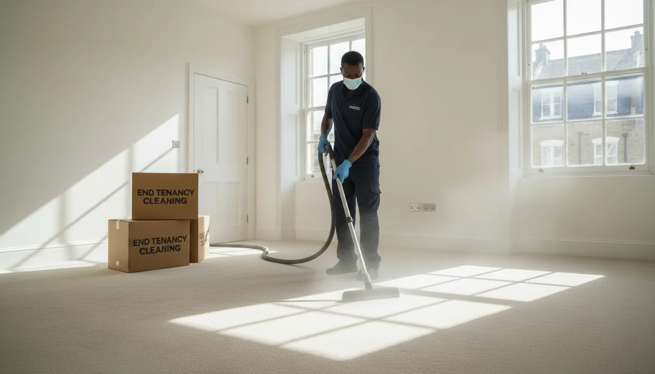 Cleaner steam-cleaning the carpet of an empty apartment at end of tenancy