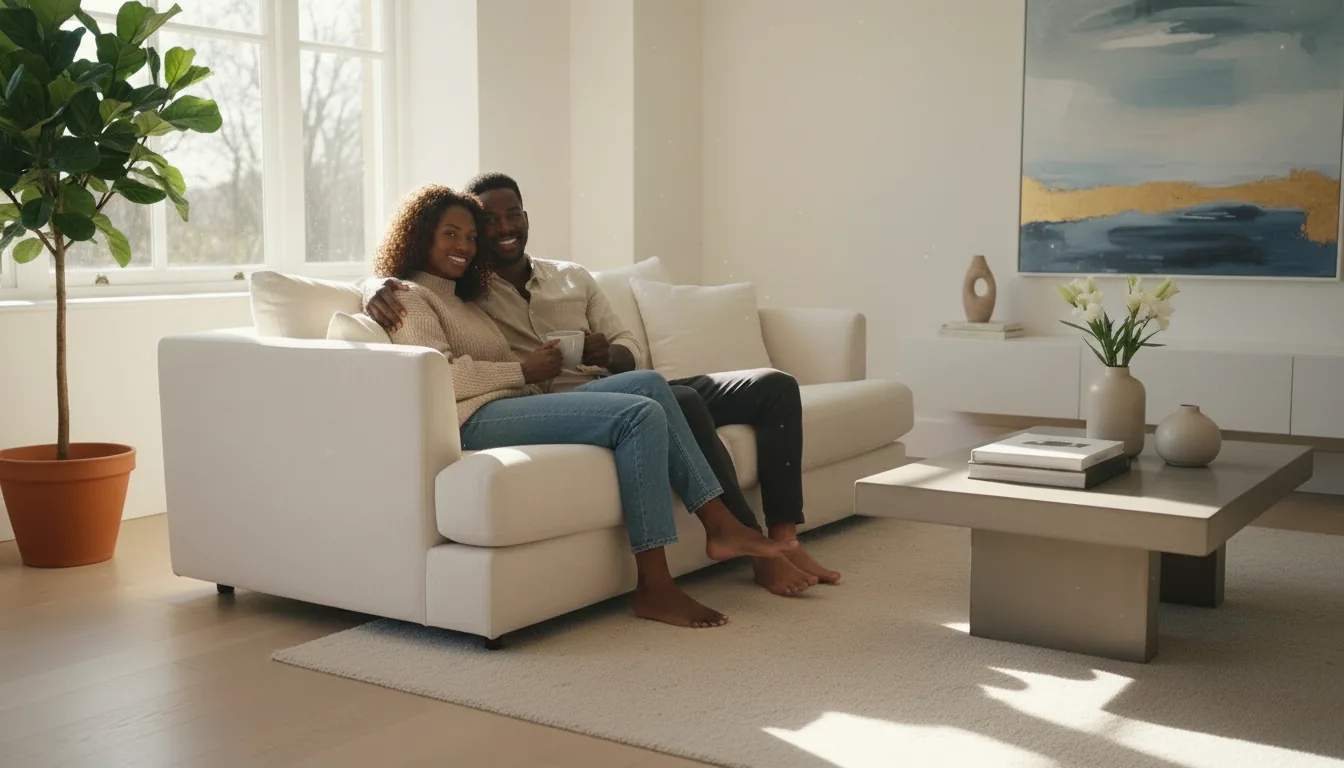 A relaxed couple enjoying their freshly cleaned living room