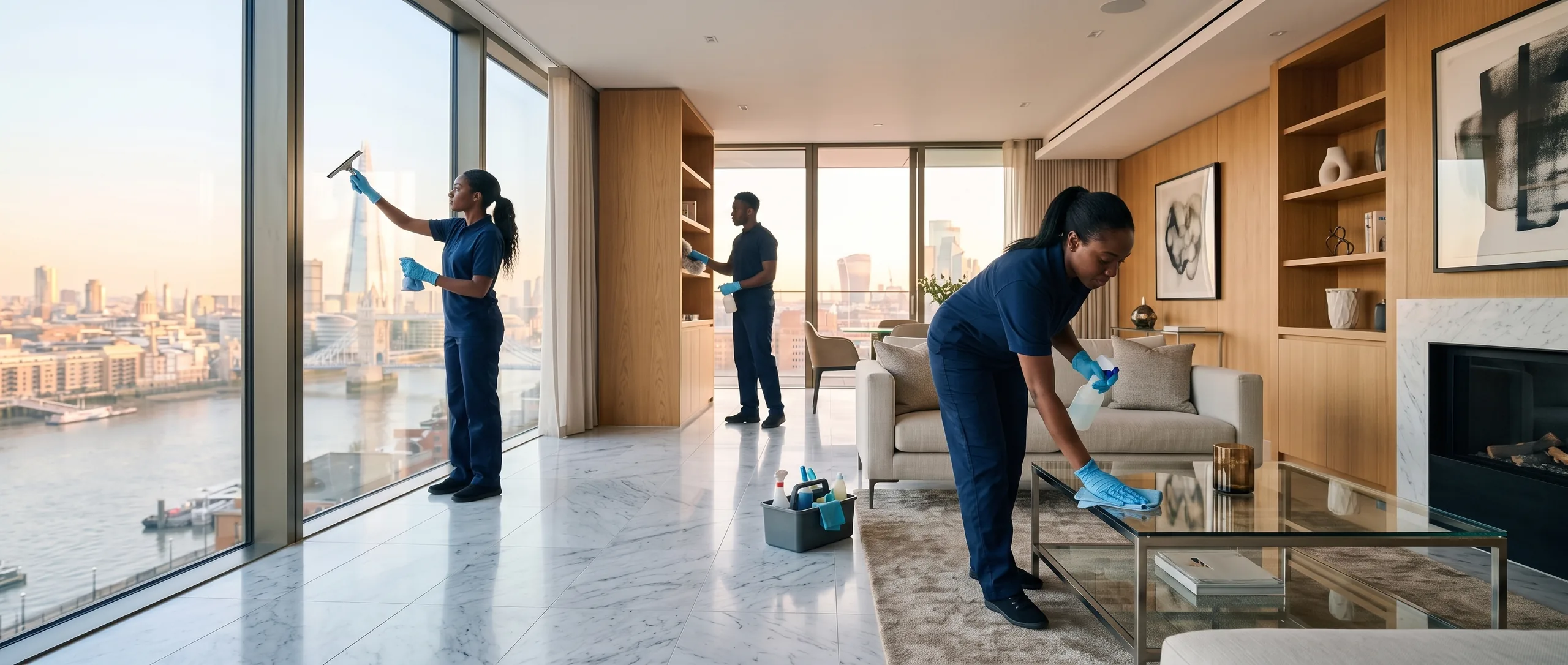 TLK Services professional cleaning team working in a bright luxury living room