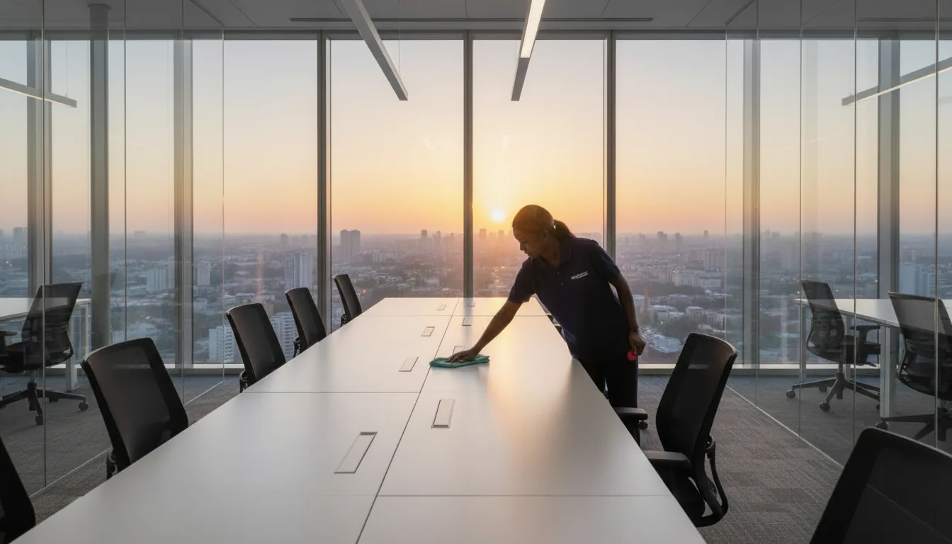Cleaner preparing a modern glass-walled office before the working day