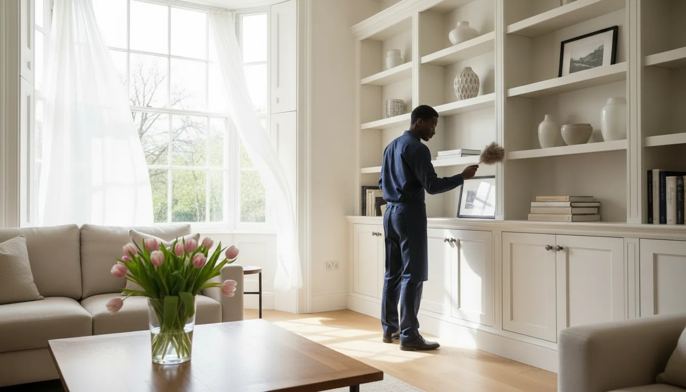 Cleaner dusting shelves in a sunlit living room during a spring clean