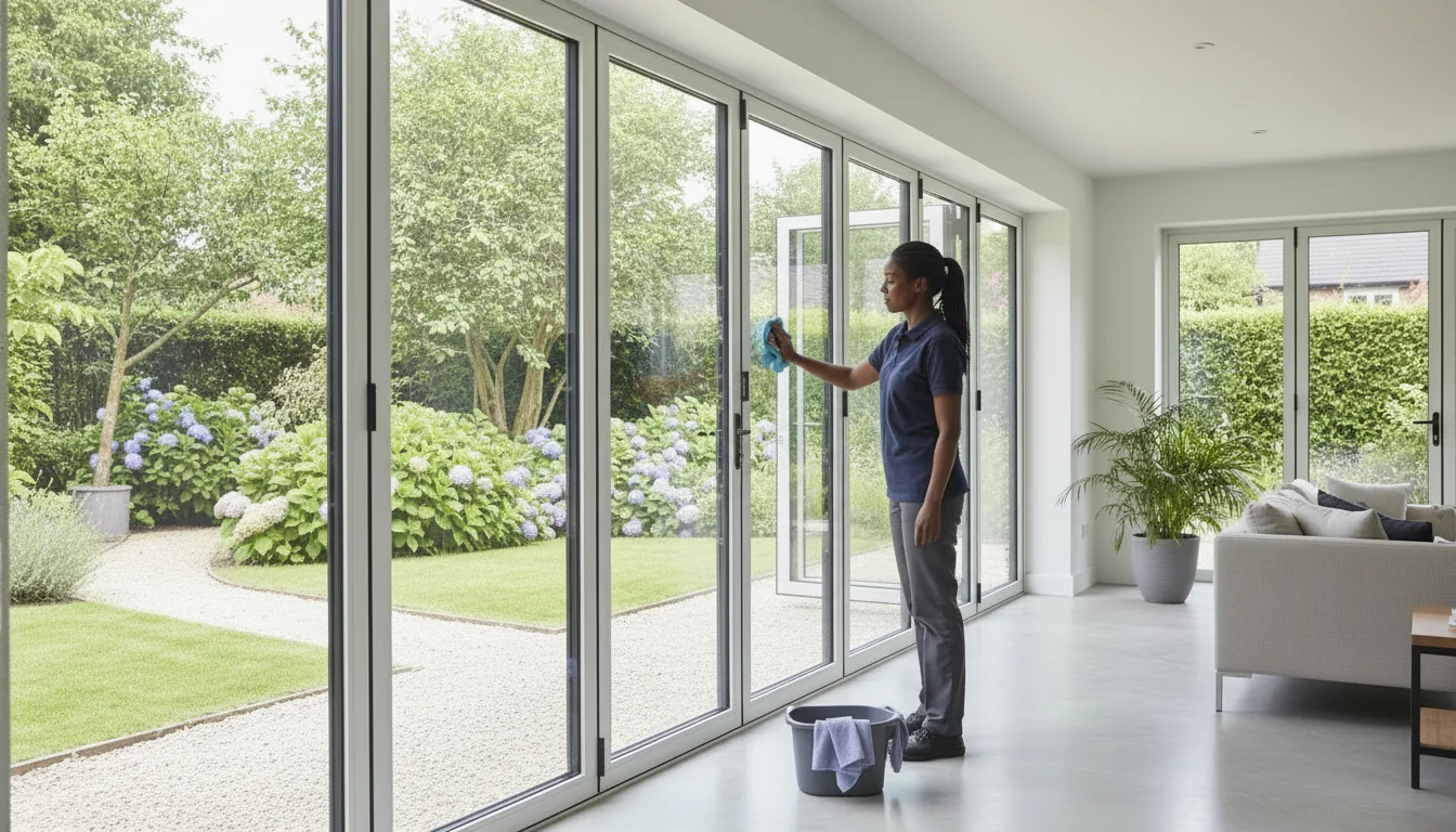 Cleaner polishing tall glass doors that open onto a summer garden