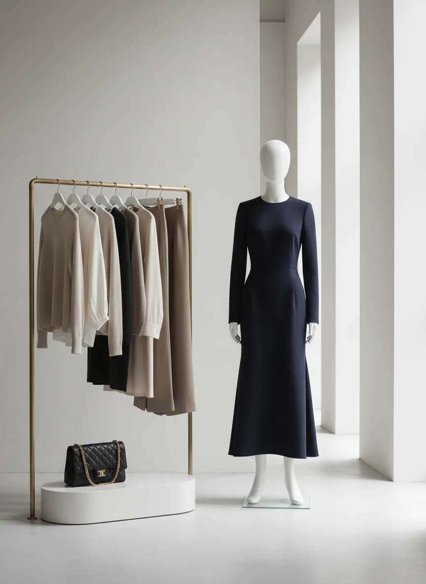 An elegant navy tailored dress on a mannequin in a bright fashion studio