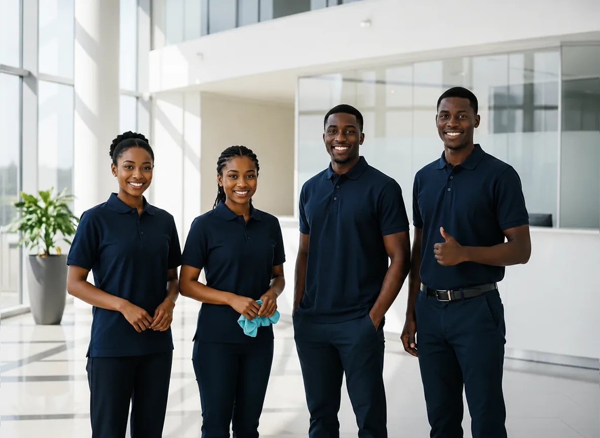 The TLK Services team in uniform, smiling in a bright modern lobby