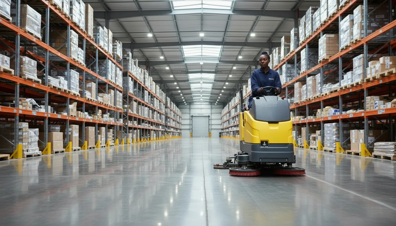 Industrial floor scrubber cleaning the aisle of a large modern warehouse